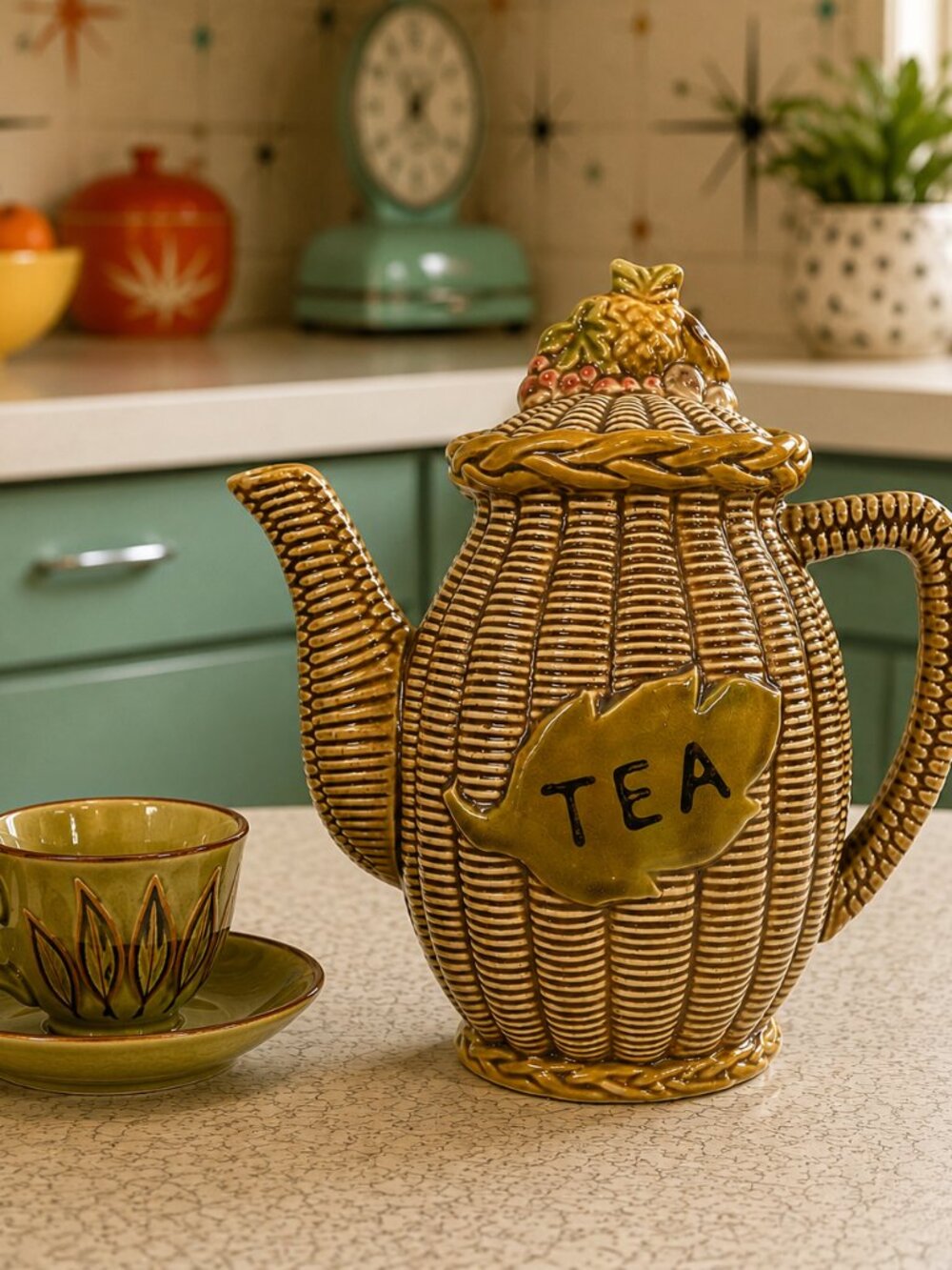 Vintage Tilso Japan Basketweave Teapot, Mid-Century Ceramic Fruit Lid, Retro